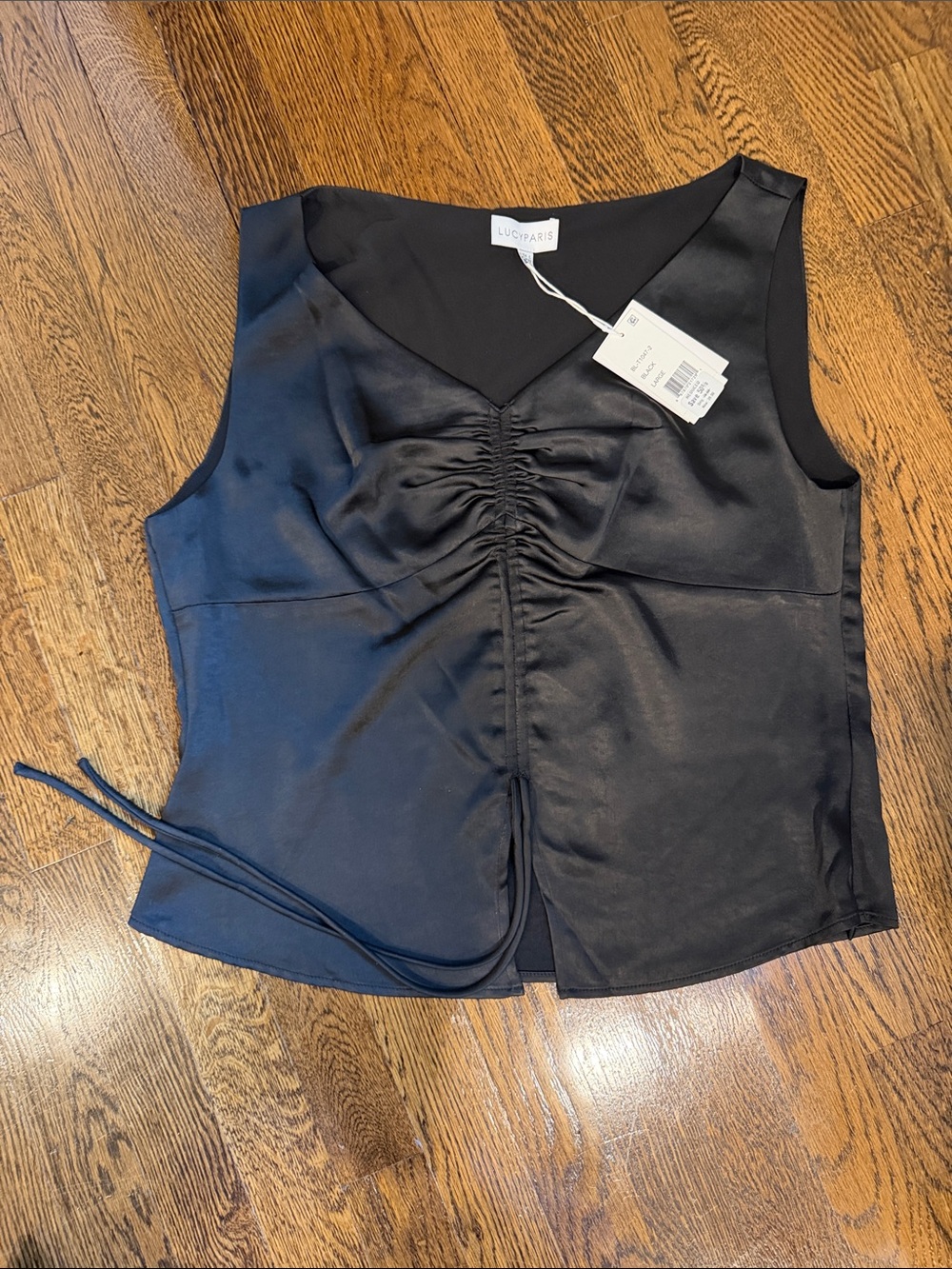 Lucy Paris Black Satin Ruched V-Neck Camisole